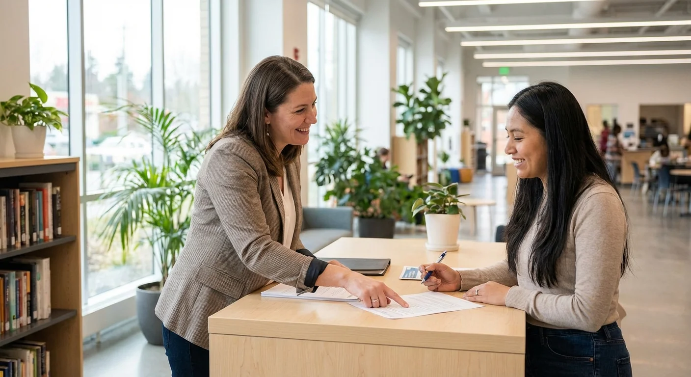 A housing counselor and a client talking in a bright, professional office setting.