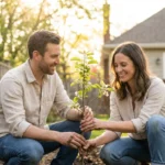 A couple planting an apple tree in a sunny garden, symbolizing long-term investment growth.