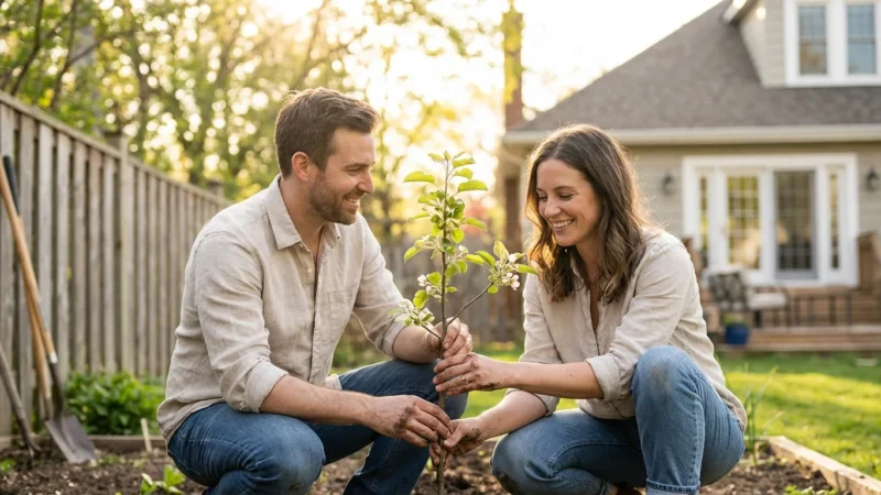 A couple planting an apple tree in a sunny garden, symbolizing long-term investment growth.