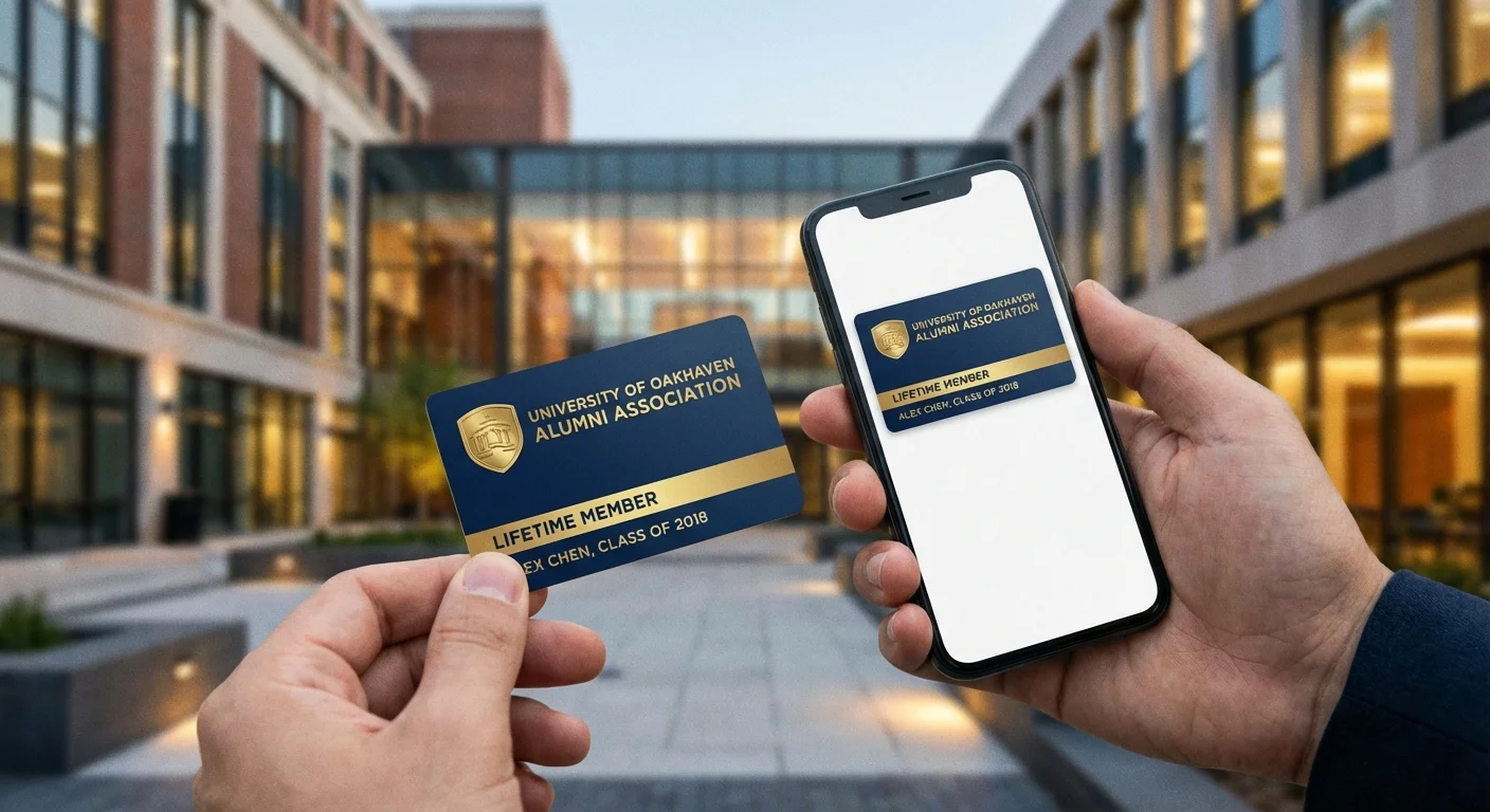 Hands holding an alumni membership card, symbolizing affinity group discounts.