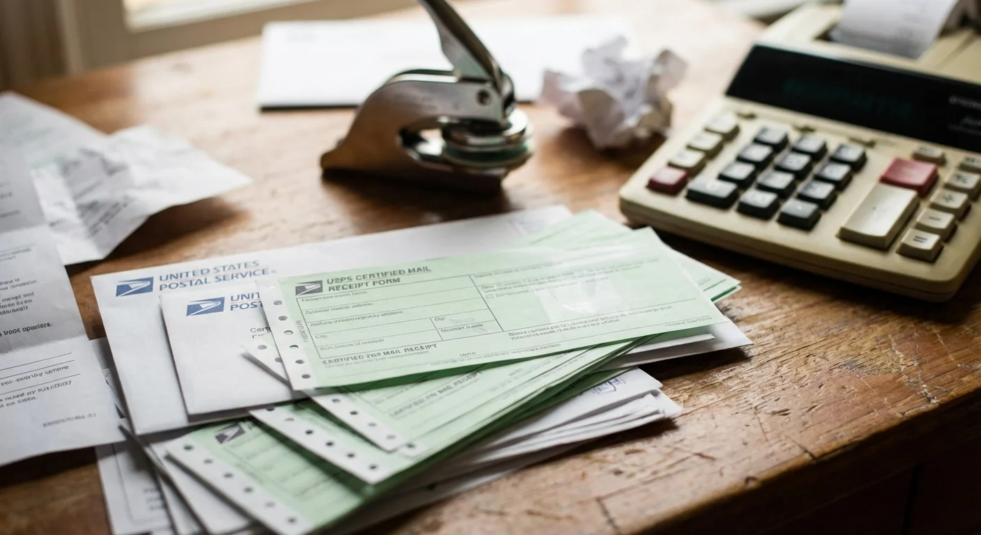 Close-up of mailing receipts, a notary stamp, and a calculator on a wooden table.