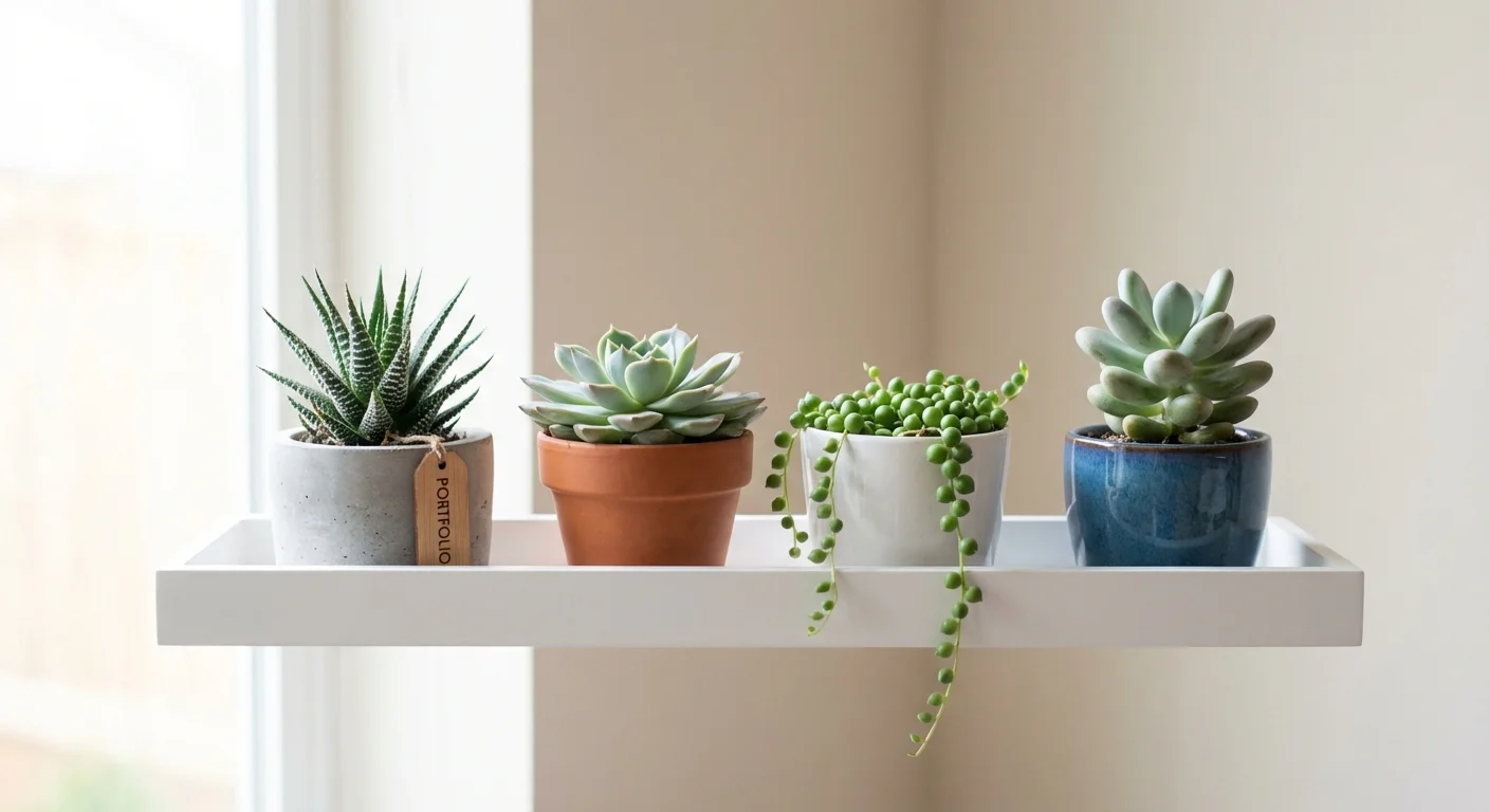 An arrangement of different types of succulent plants on a shelf.