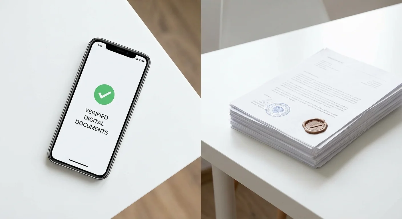 A smartphone next to a stack of papers, illustrating the difference between digital estimates and verified data.