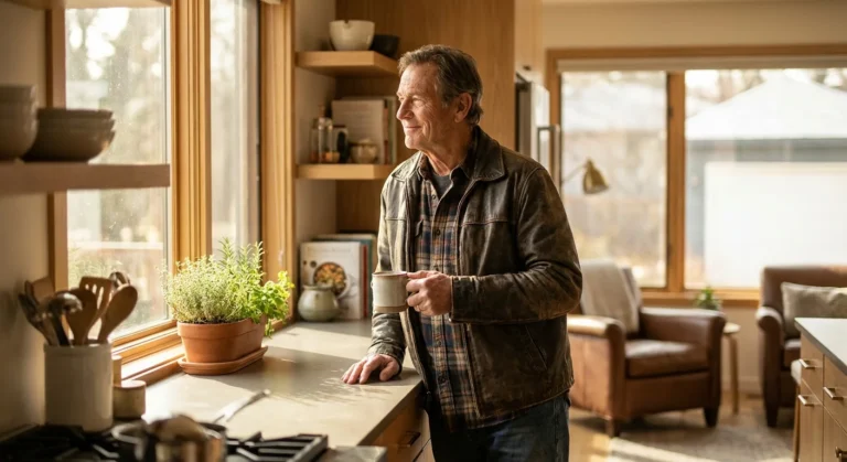 A veteran in a sunlit home reflecting on financial security and future opportunities.