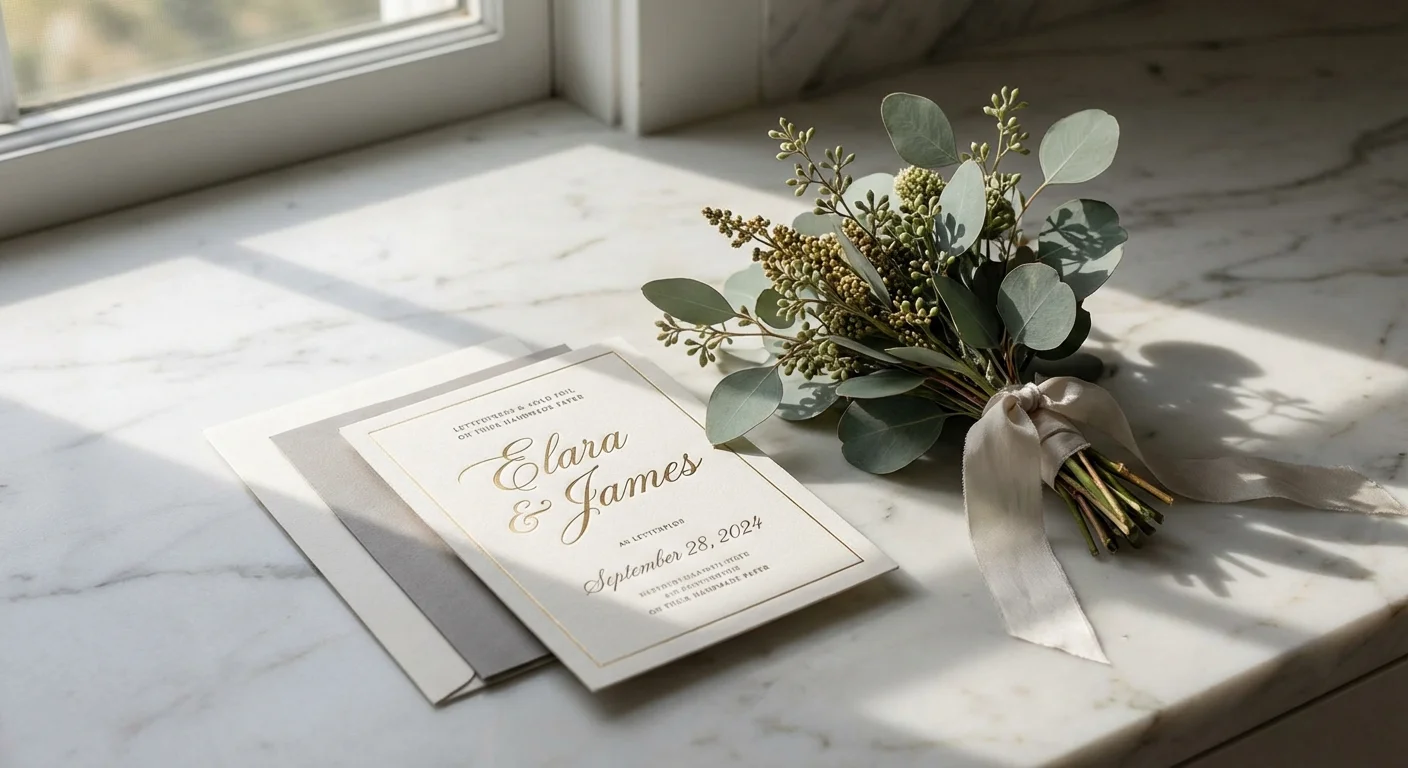 A high-end wedding invitation on a marble surface with green foliage.
