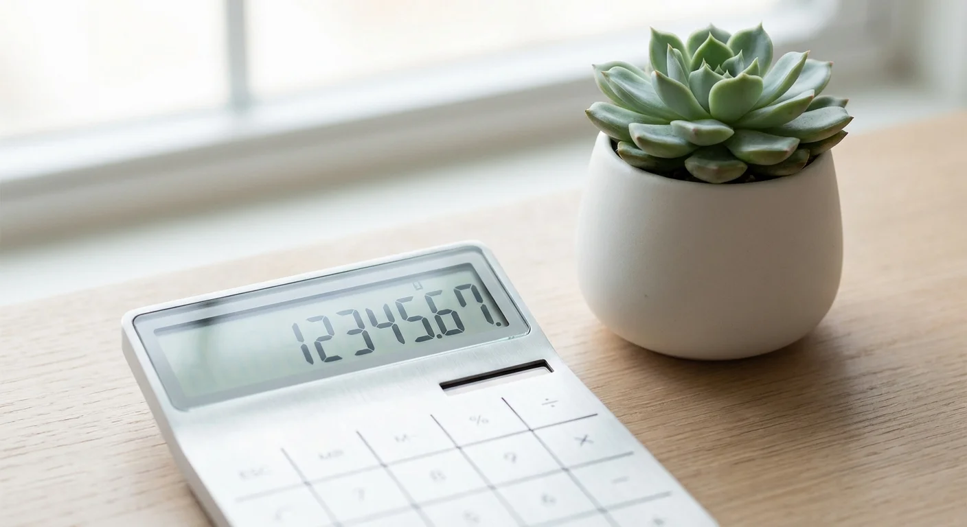 A minimalist calculator and a plant on a bright white desk.
