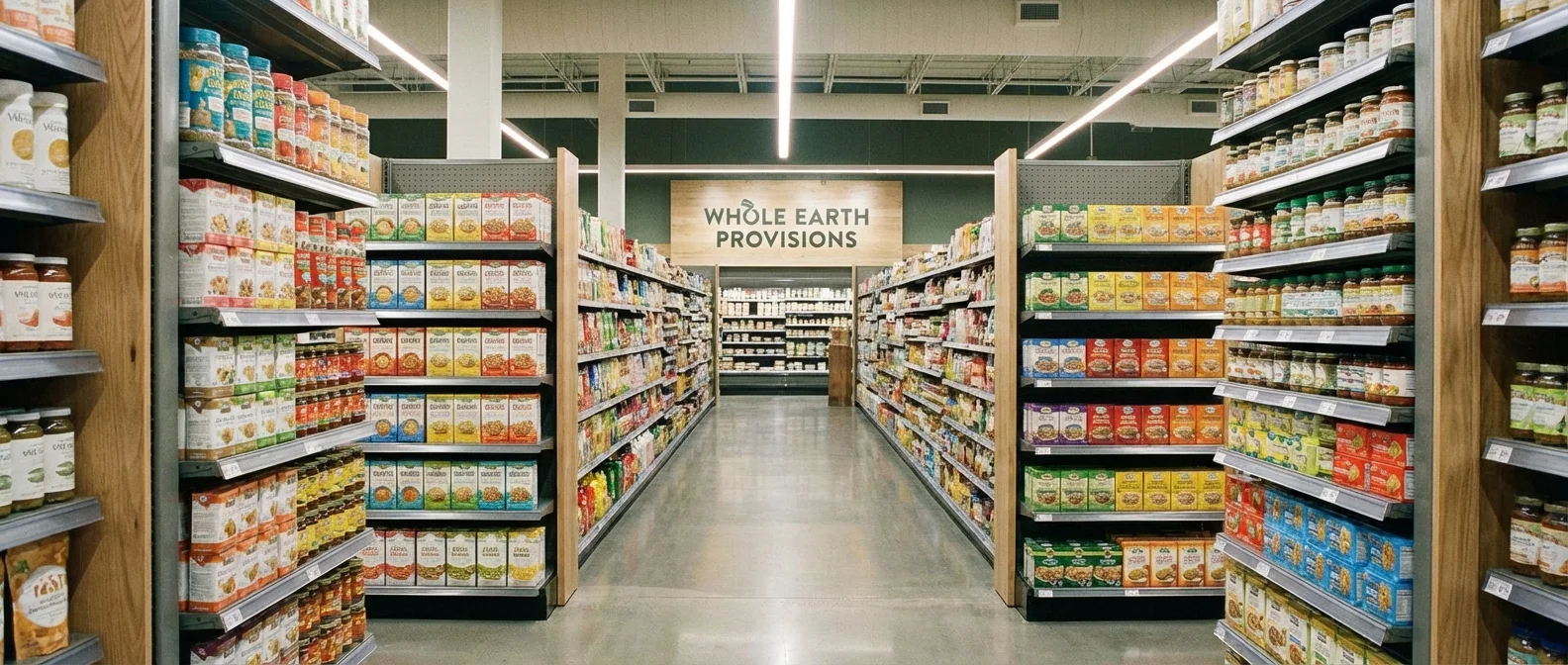 A long, organized grocery store aisle stretching into the distance.