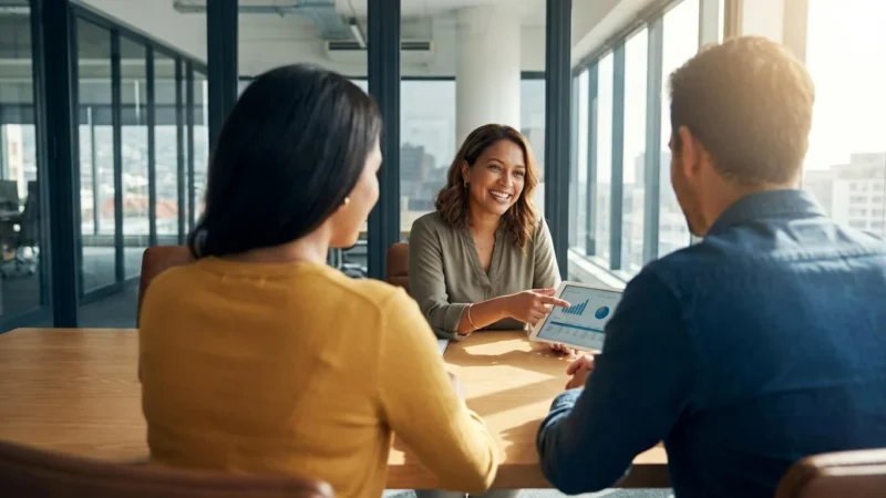 A mother and young child choosing fresh apples in a sunlit grocery store aisle.