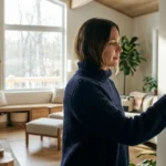 A woman in a blue sweater adjusts a smart thermostat in a cozy modern living room.