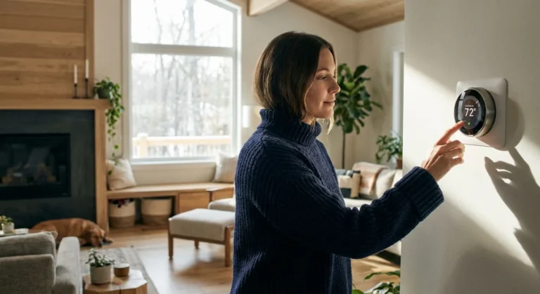 A woman in a blue sweater adjusts a smart thermostat in a cozy modern living room.