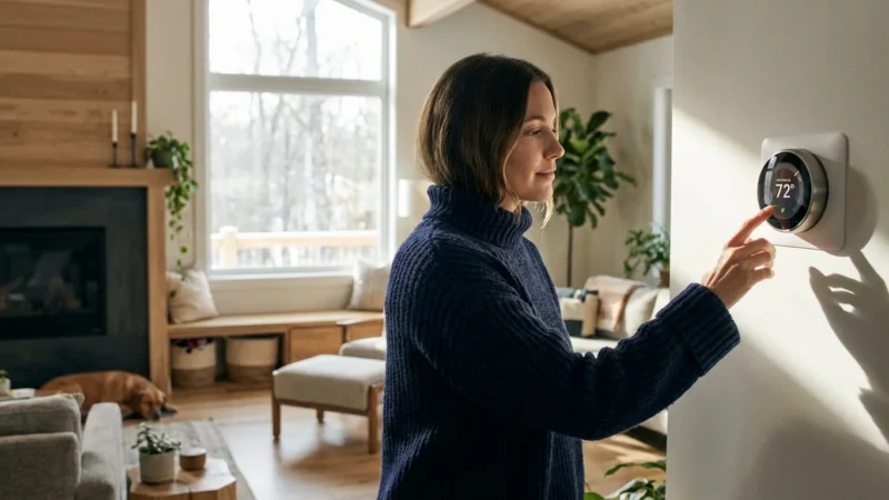 A woman in a blue sweater adjusts a smart thermostat in a cozy modern living room.