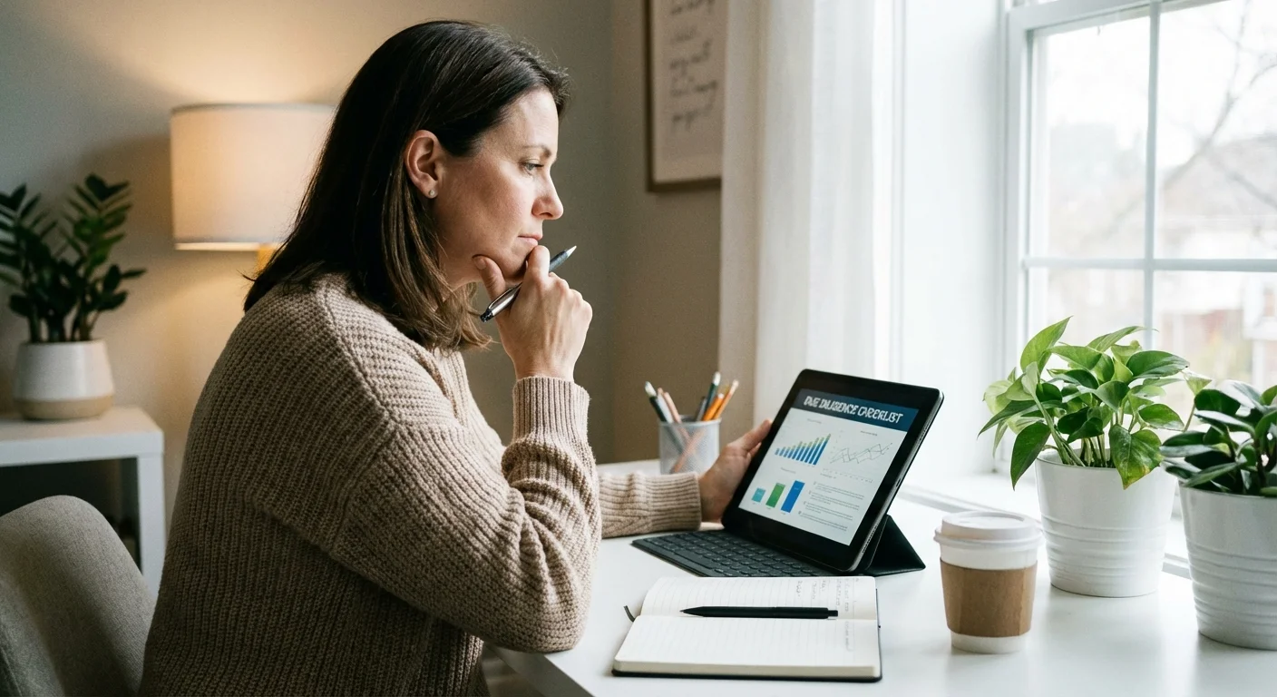 A person looking thoughtfully at a tablet, representing careful financial research.
