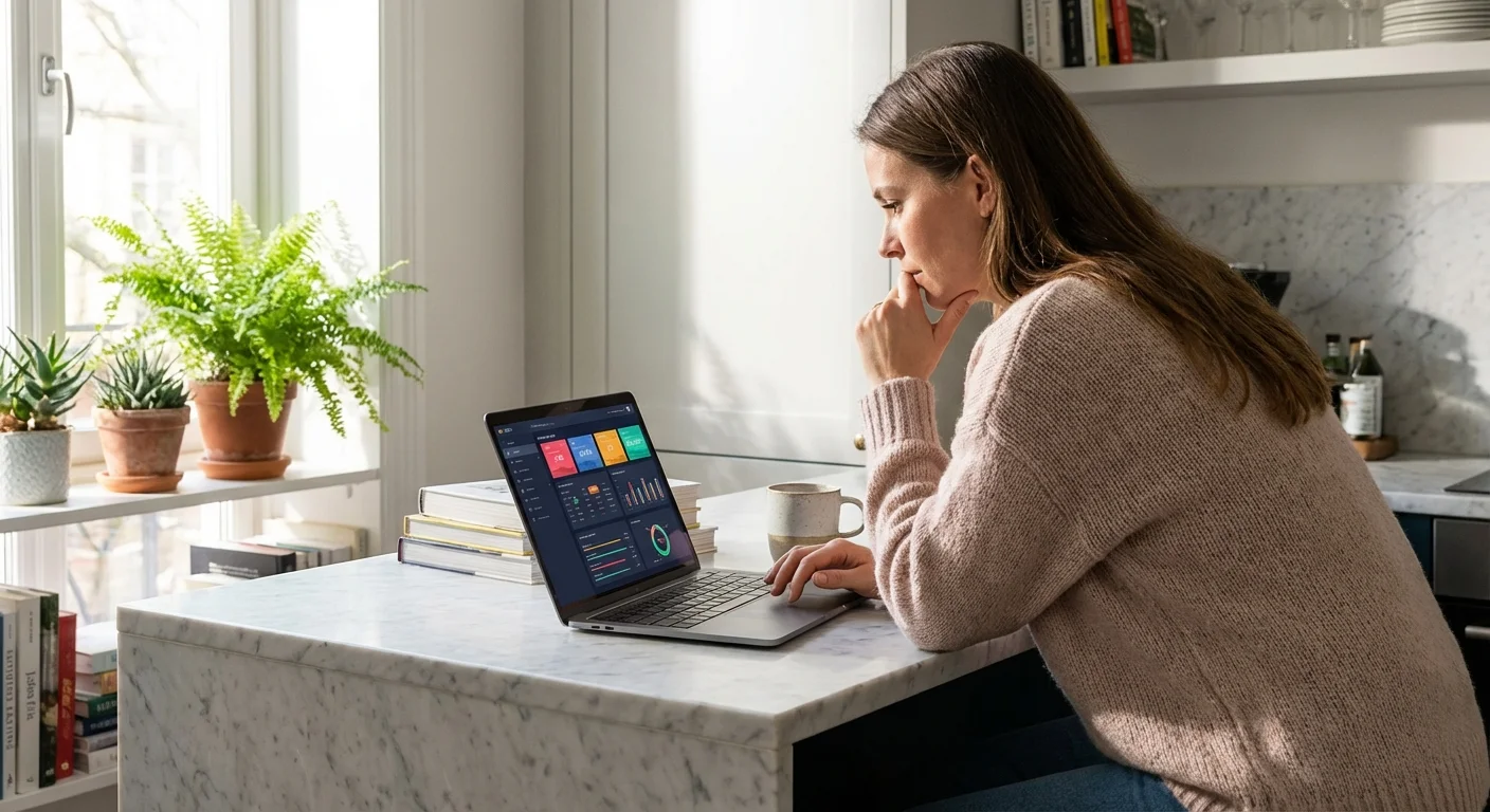 A person researching data on a laptop in a bright, modern kitchen.