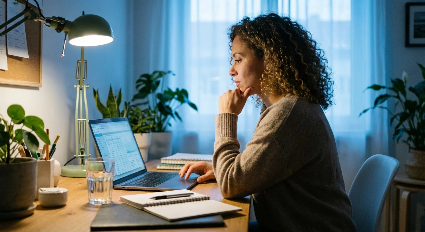 A person thoughtfully looking at a laptop, representing the careful consideration of investment risks.