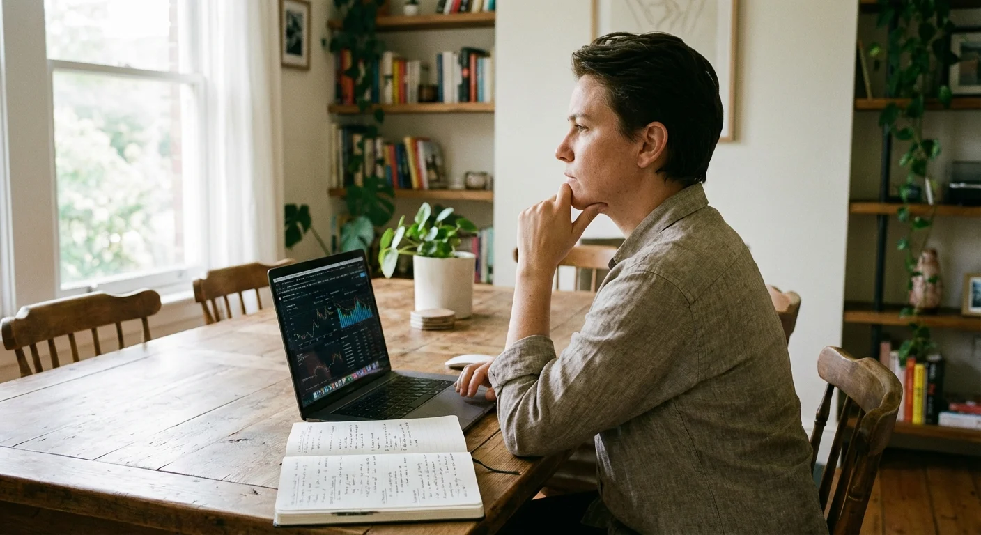 A person working on a laptop at a kitchen table.