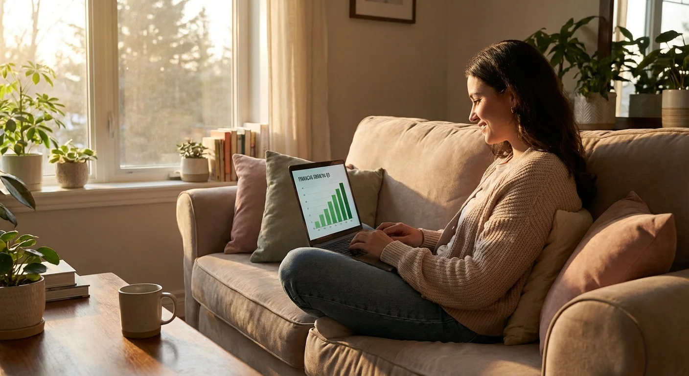 A person smiling while looking at a financial growth chart on their laptop.