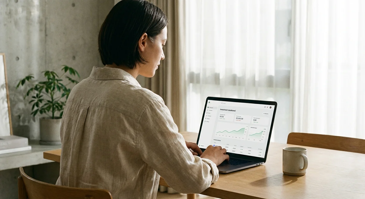 A person looking at an investment dashboard on a laptop in a bright room.