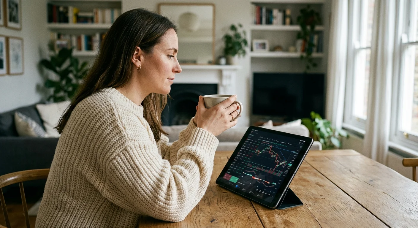 A woman reviewing financial data on a tablet in a well-lit home.