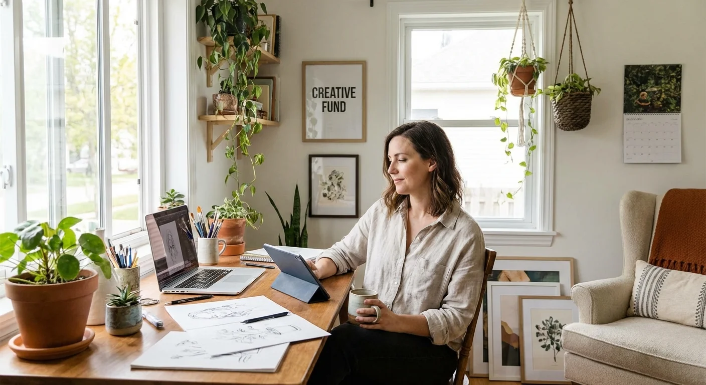 A self-employed professional working in a bright, creative home office studio.