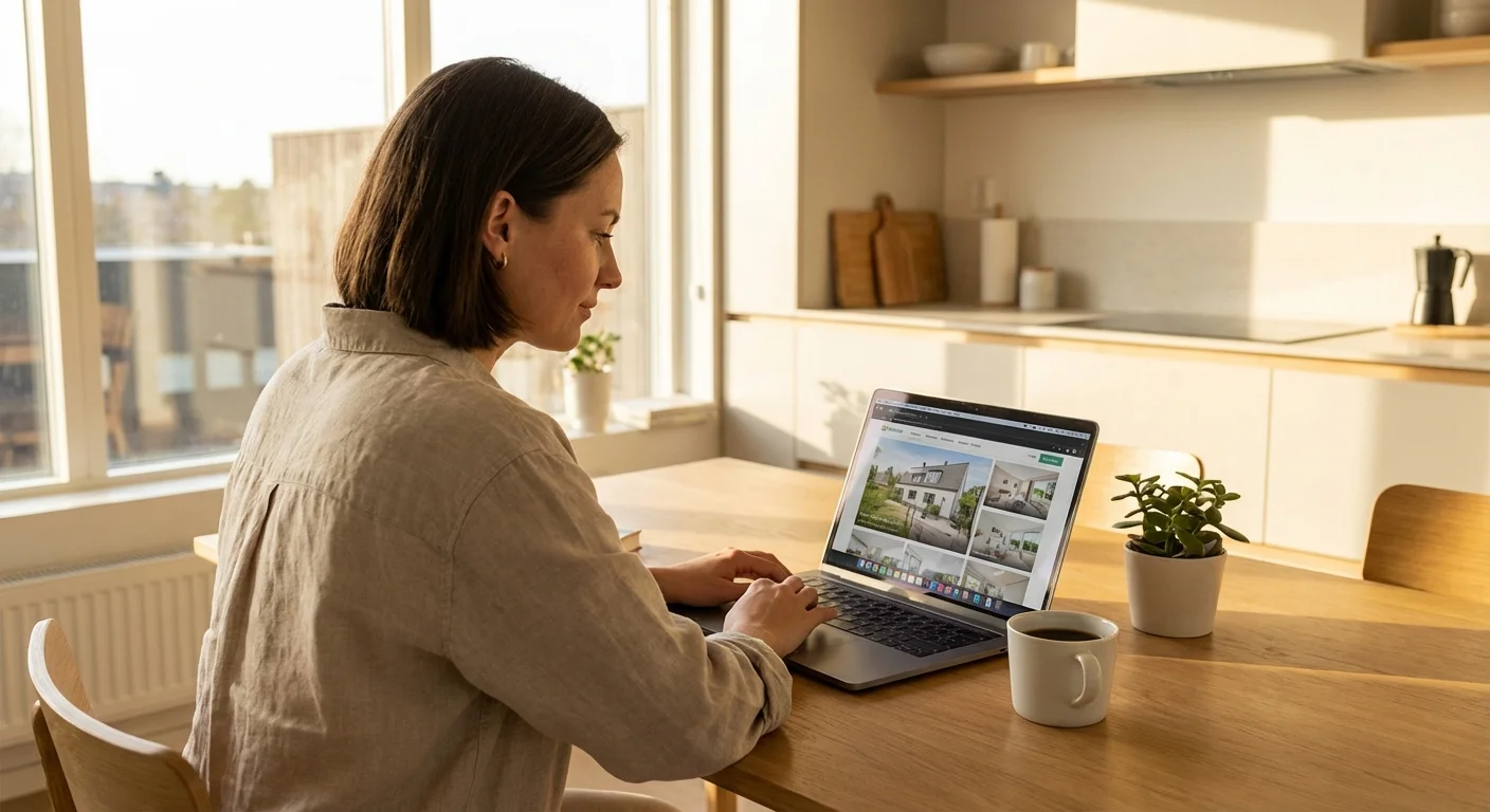 A person reviewing real estate listings on a laptop in a bright kitchen.