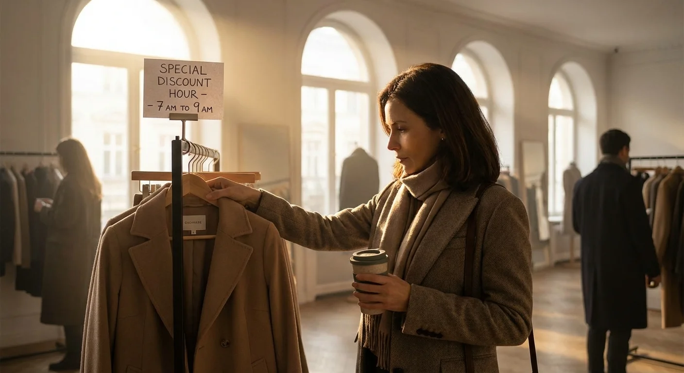 A shopper browsing a clothing rack in the bright morning light.