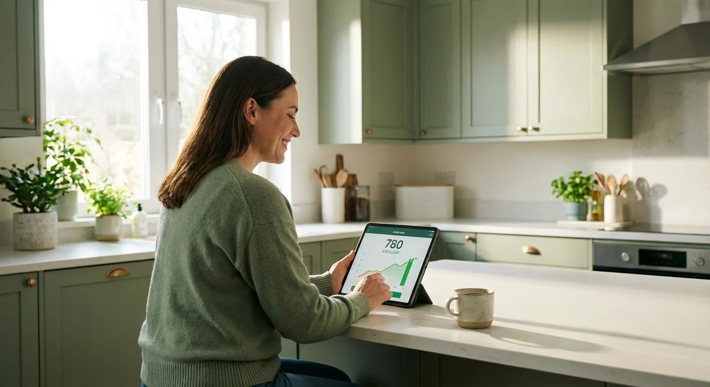 A person looking at a positive credit score graph on a tablet in a sunlit kitchen.
