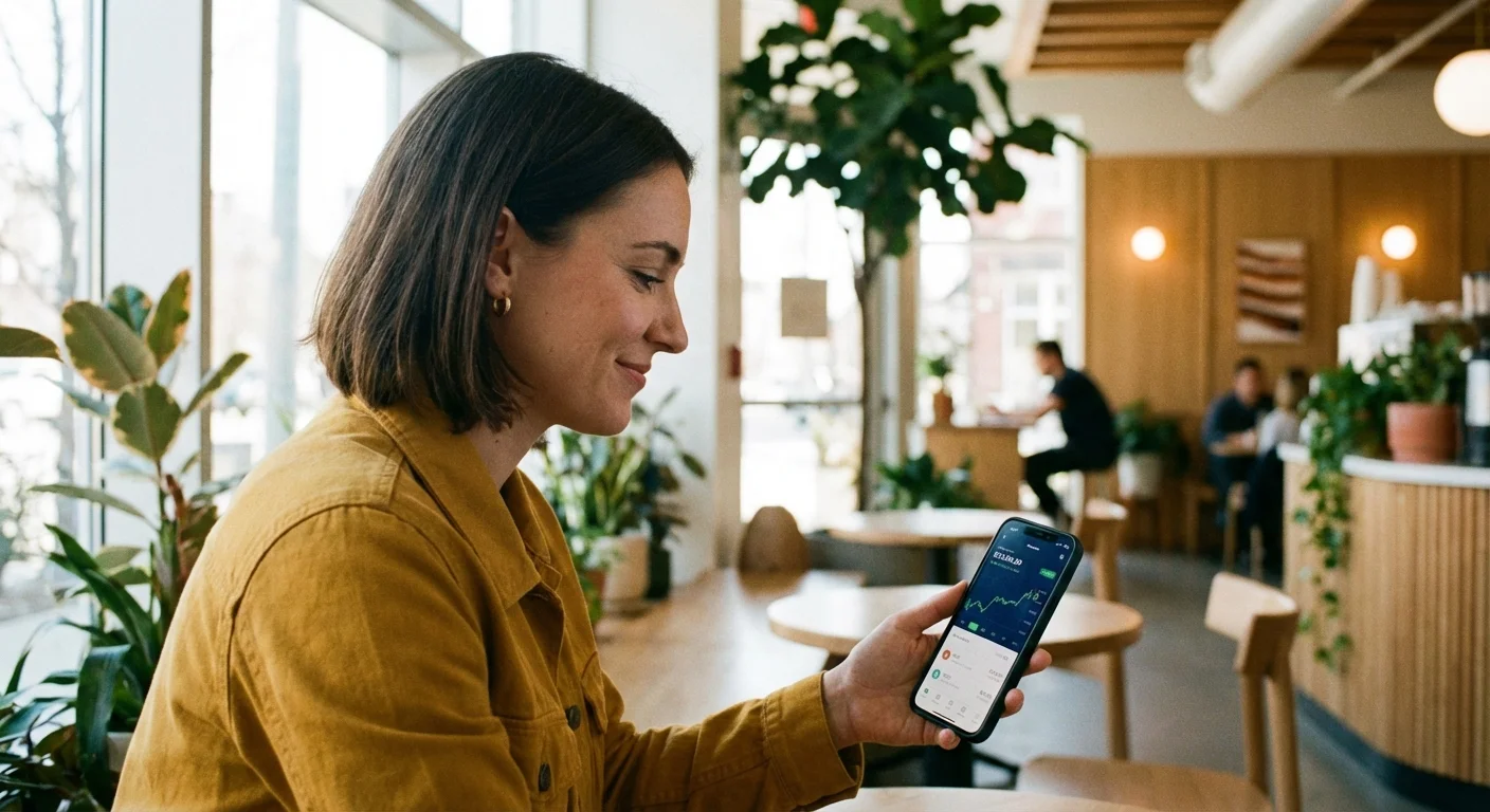 A woman checking her financial status on a phone in a bright cafe.