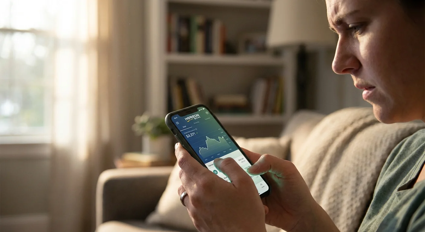 Close-up of hands holding a phone showing a banking app, reflecting the hidden costs of low-interest accounts.