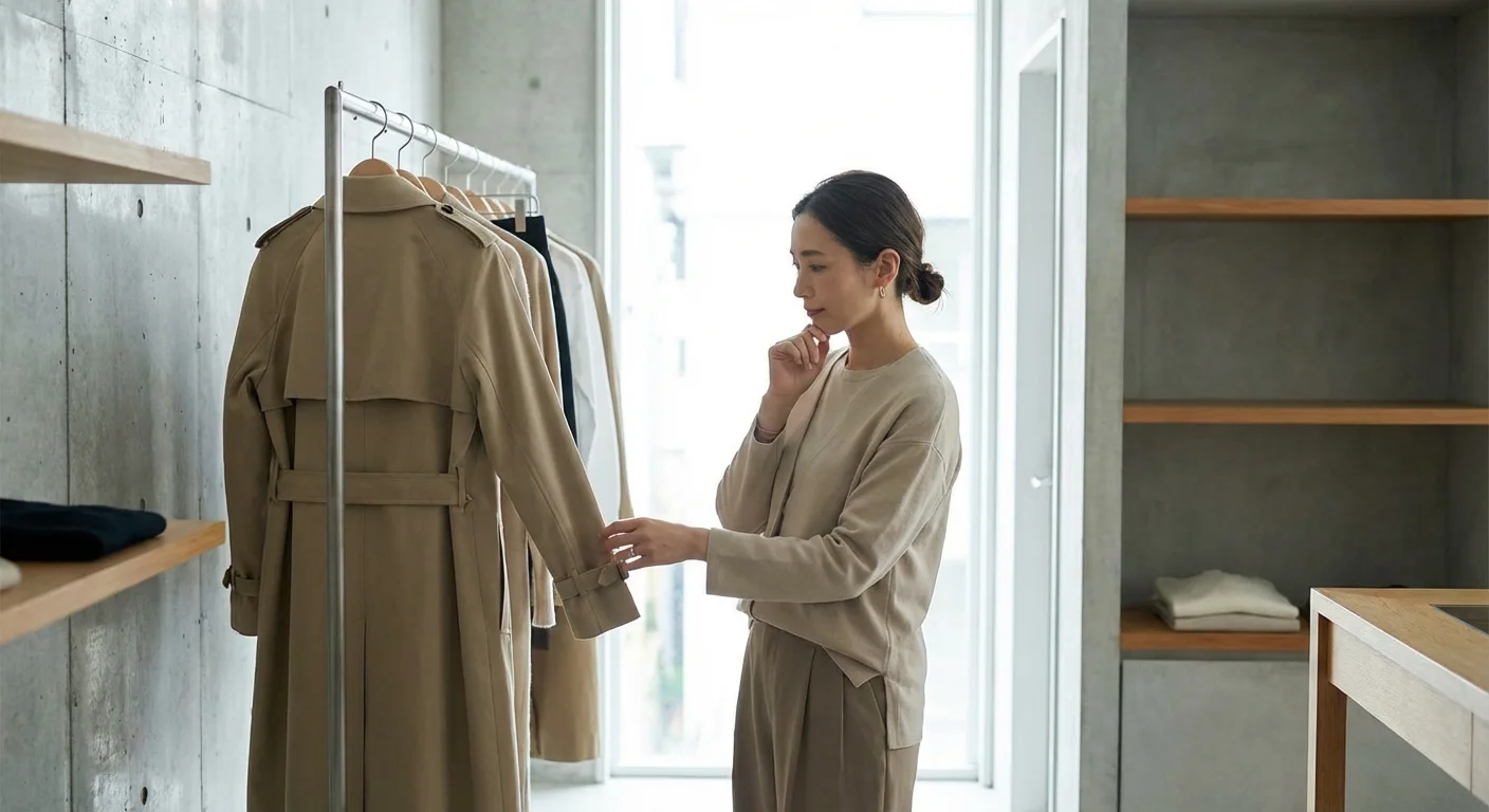 A person thoughtfully inspecting a coat in a minimalist clothing store.