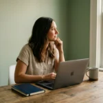 A woman sits at a wooden desk with a laptop, looking thoughtfully out a window.