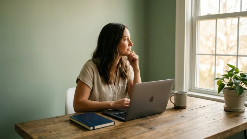 A woman sits at a wooden desk with a laptop, looking thoughtfully out a window.