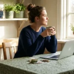 Woman sitting at a table with a laptop and money, looking thoughtfully out a window.