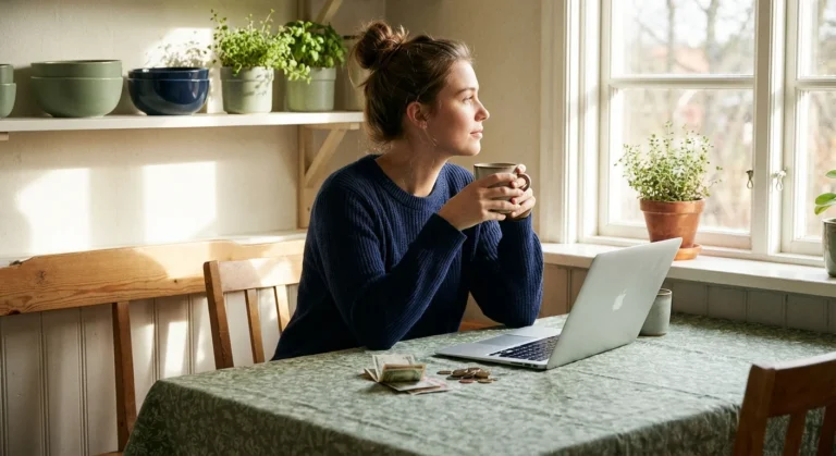 Woman sitting at a table with a laptop and money, looking thoughtfully out a window.