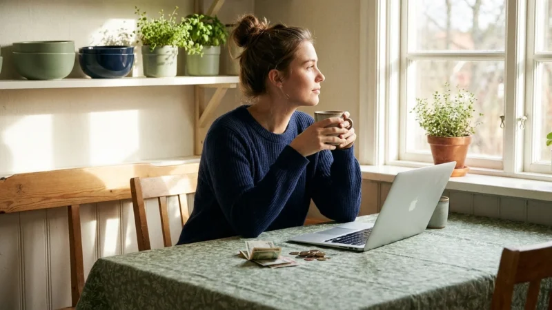 Woman sitting at a table with a laptop and money, looking thoughtfully out a window.