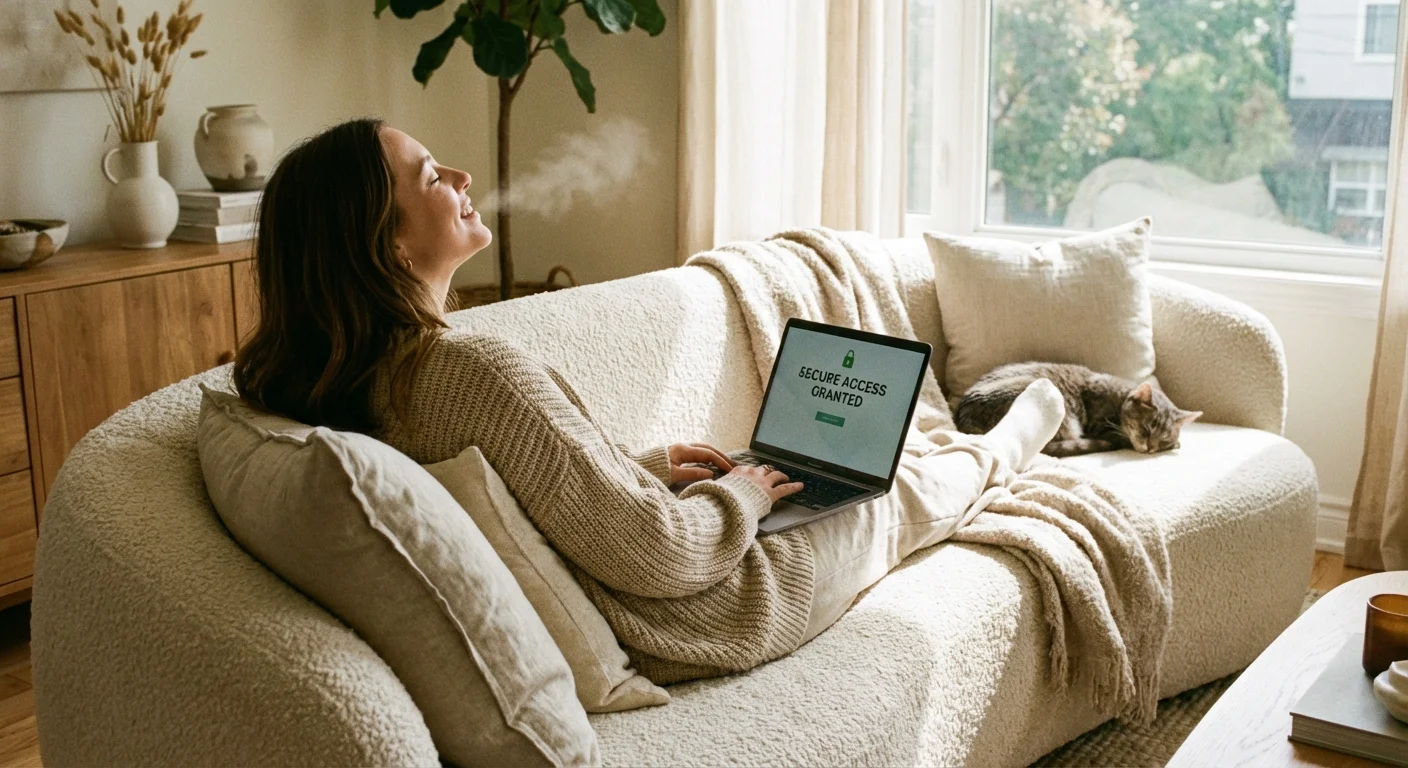 A person looking relaxed while using a laptop on a sofa, symbolizing financial security and access to capital.