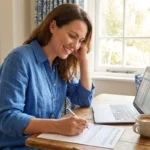 Smiling woman in blue shirt filling out medical statement at a wooden table