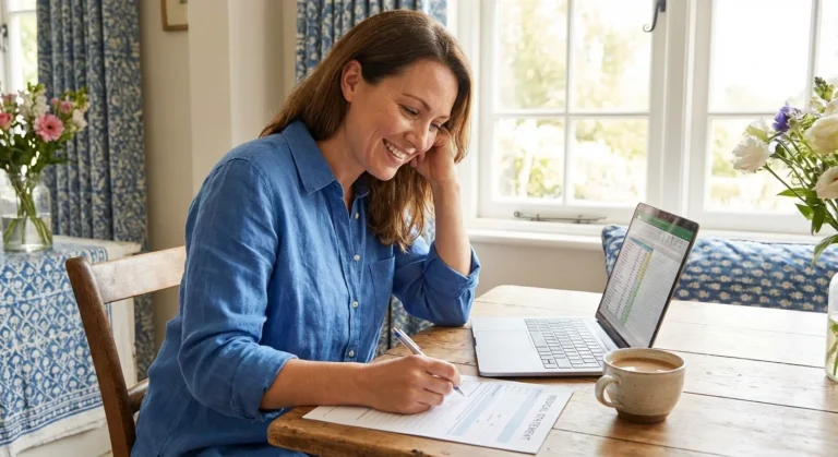 Smiling woman in blue shirt filling out medical statement at a wooden table