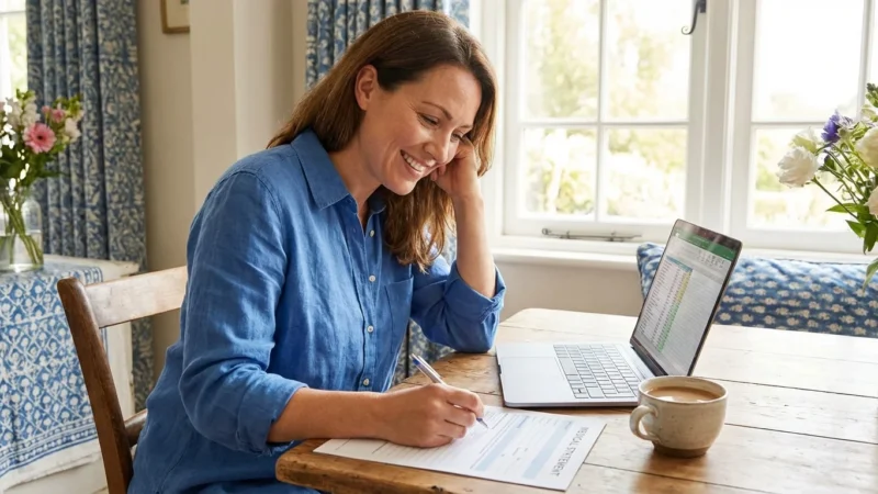 Smiling woman in blue shirt filling out medical statement at a wooden table