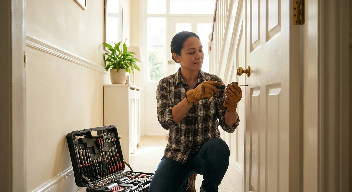 A homeowner proactively checking a door hinge with tools in hand.