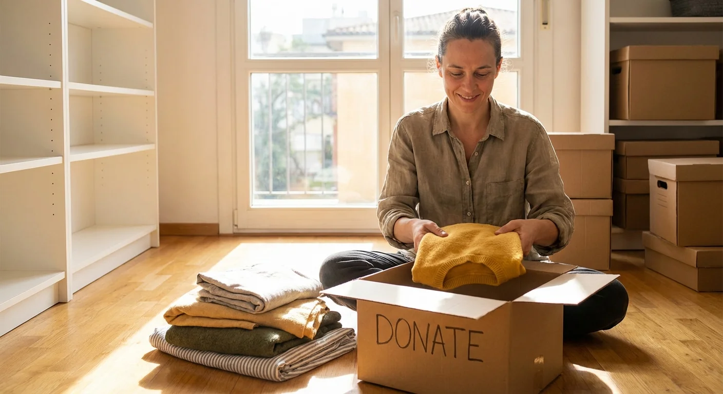 A person folding clothes into a donation box in a bright, airy room.