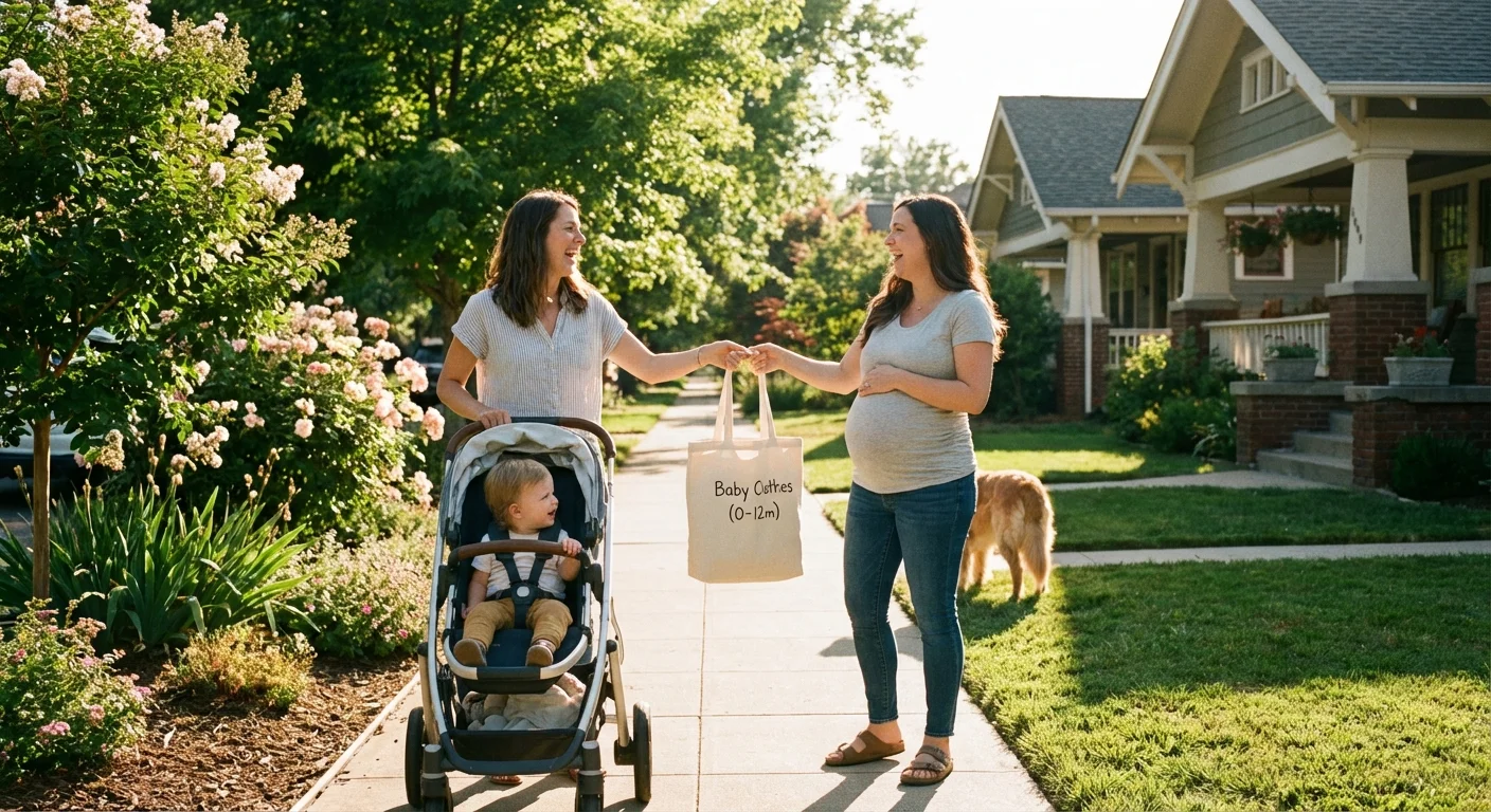 Two people exchanging a bag of baby clothes on a neighborhood sidewalk.