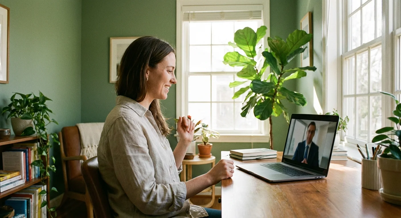 A person having a productive video consultation in a bright home office.