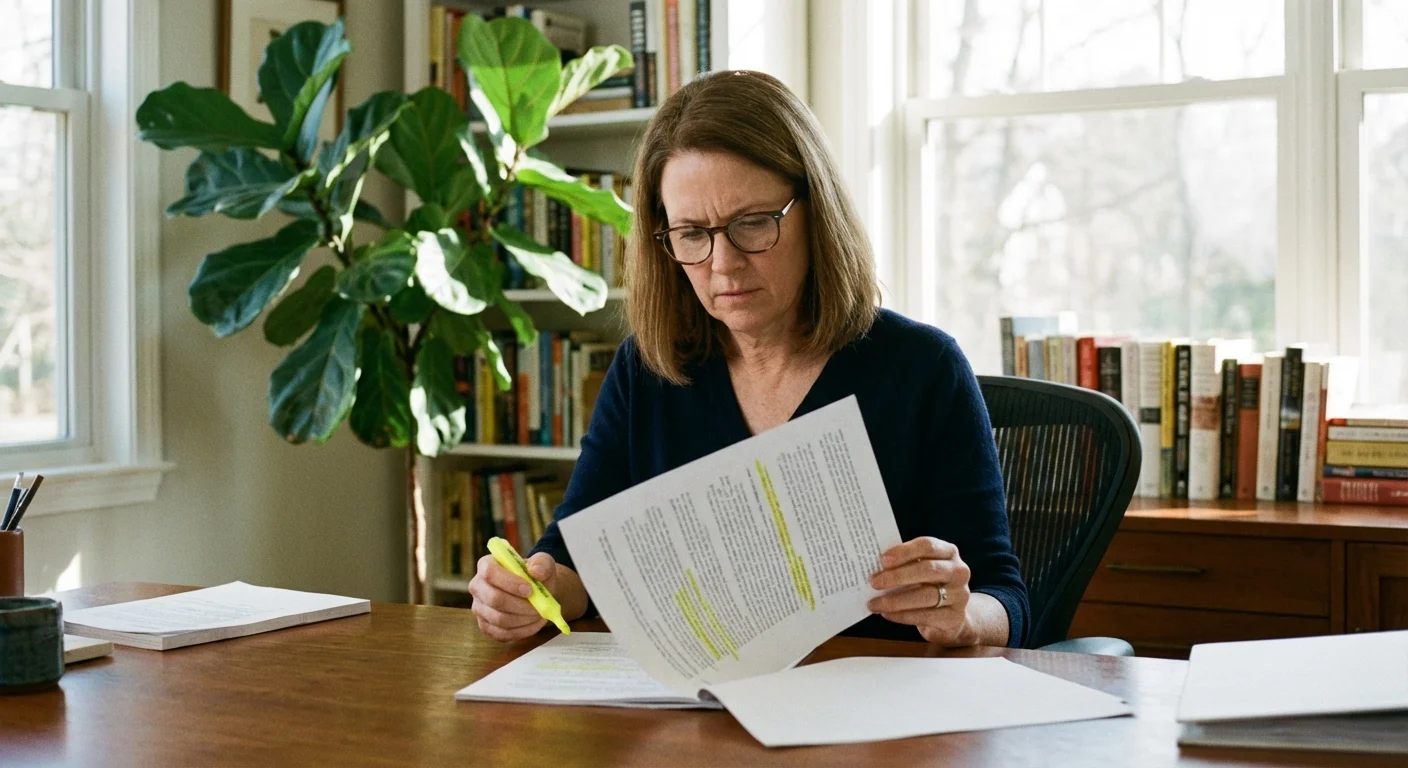 A person carefully highlighting a contract in a home office.