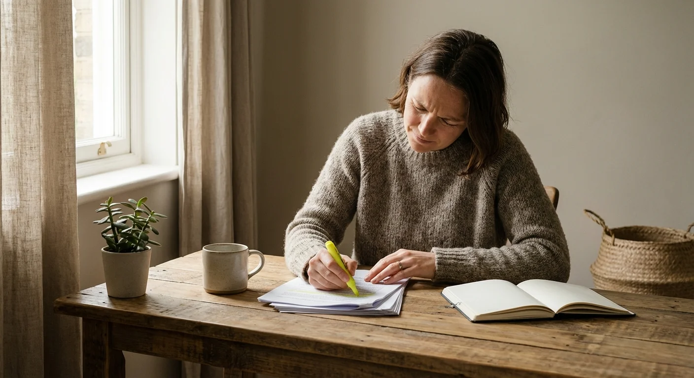 A person carefully reviewing mortgage documents with a highlighter at a desk.