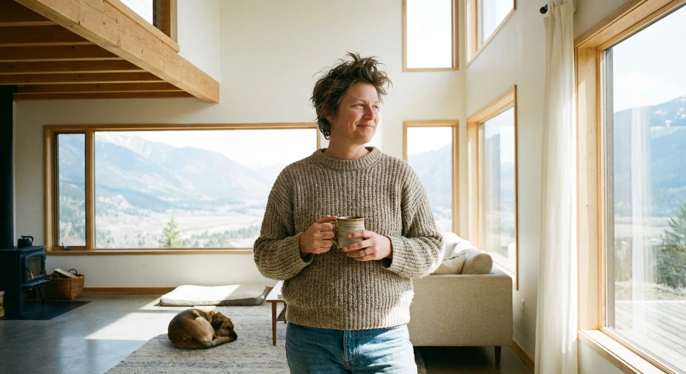 A person looking out a window confidently, symbolizing financial peace.