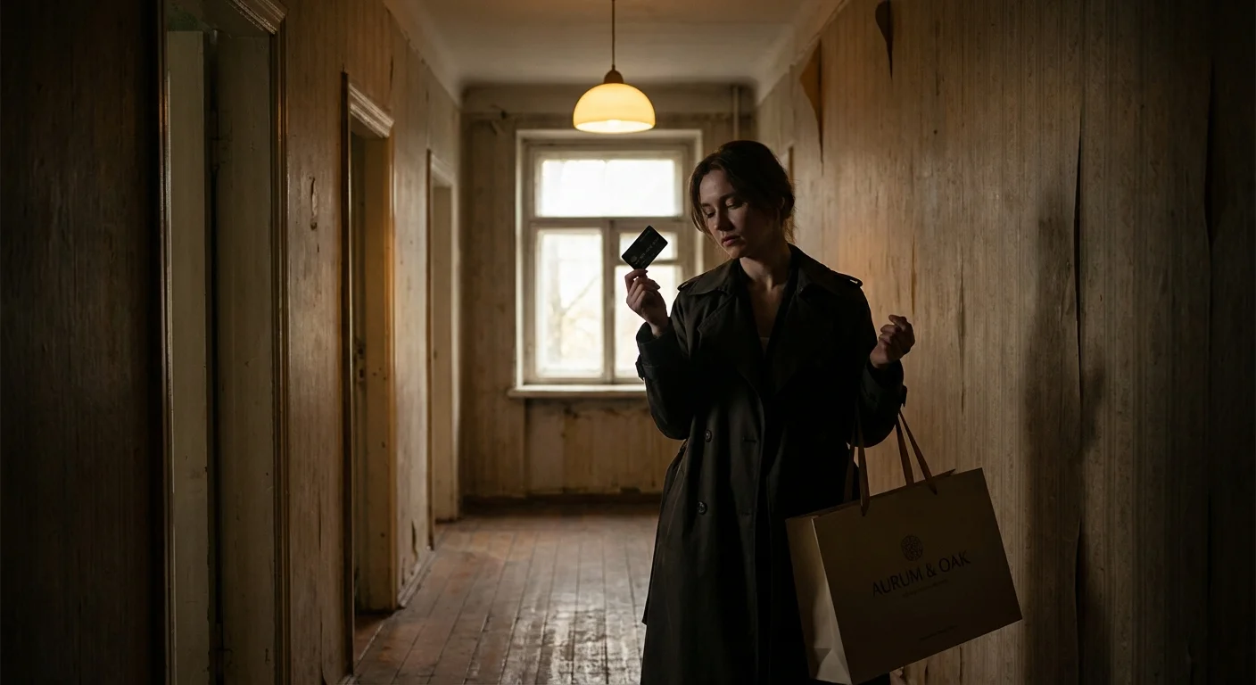 A person looking at a credit card and a shopping bag in a hallway.