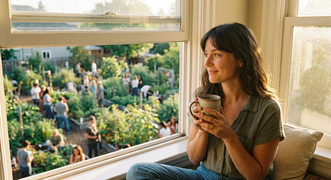 A woman looking out a window thoughtfully with a hopeful expression.