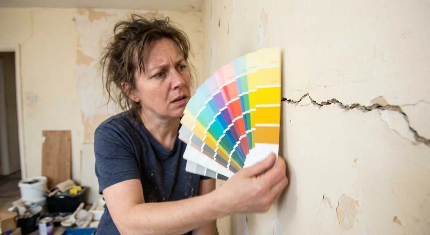 A person looking at paint colors while ignoring a structural crack in the wall.