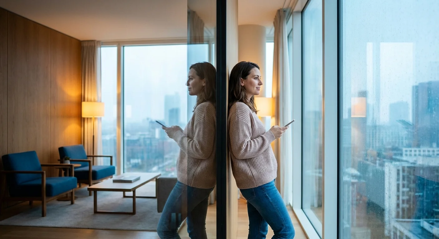 A person looking out of a window thoughtfully while holding a smartphone.