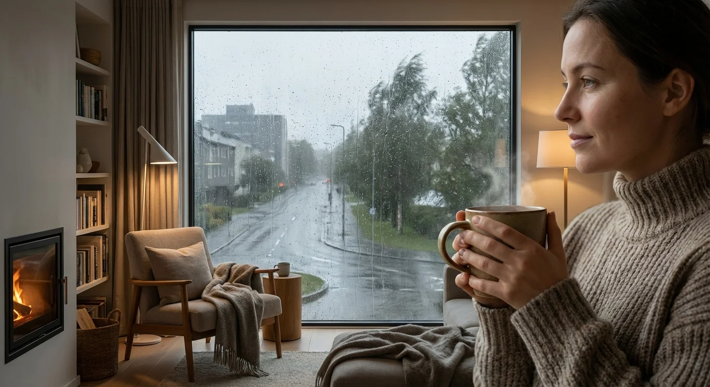 A person looking calmly at a storm from inside a cozy home, symbolizing protection against market volatility.